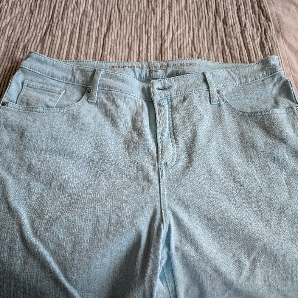 Chico's Light Turquoise Blue Women's Jeans Cropped Eyelet Fringe Cuff Size 3
